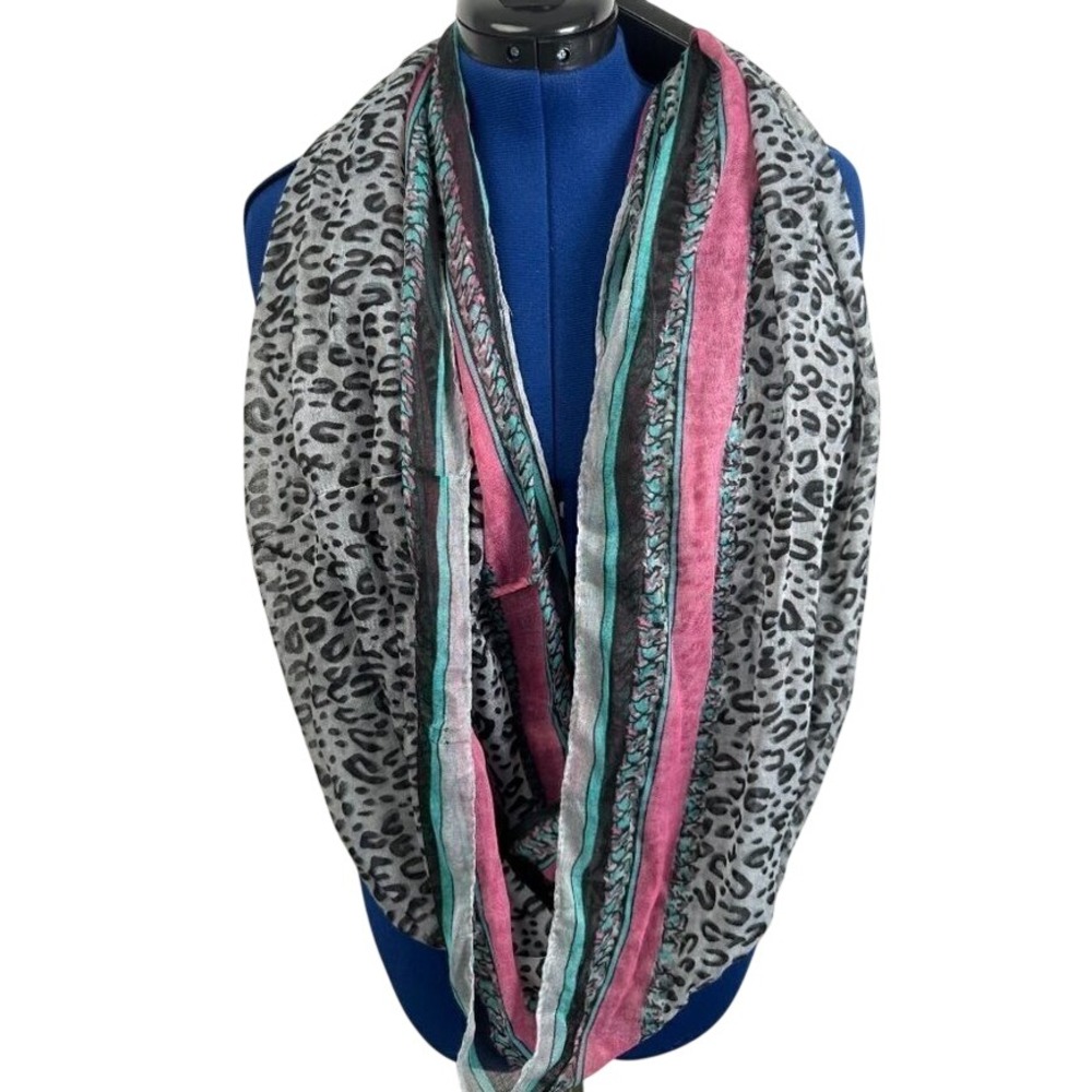 Figure 8 Scarf Multi Loop Infinity Scarf Leopard Print Pink Teal Grey NEW